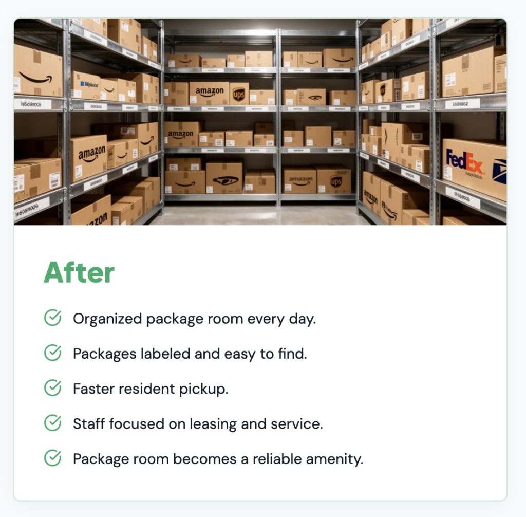 Organized apartment package room after daily Postal Solutions management