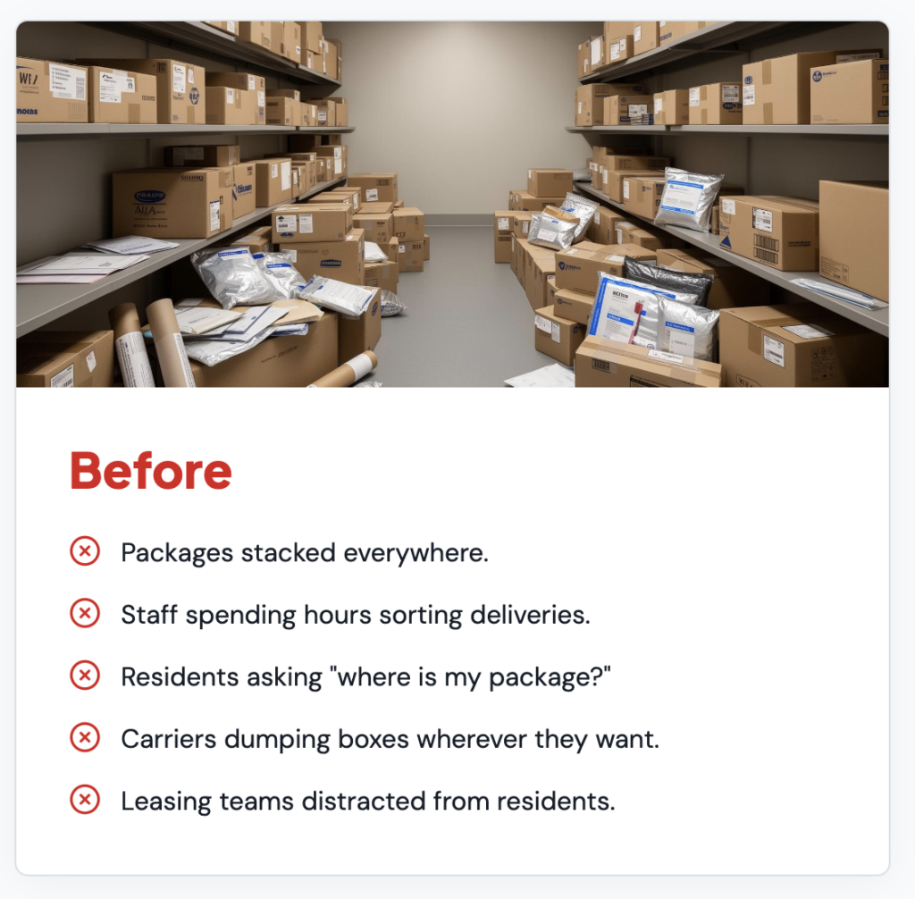 Disorganized apartment package room before daily management