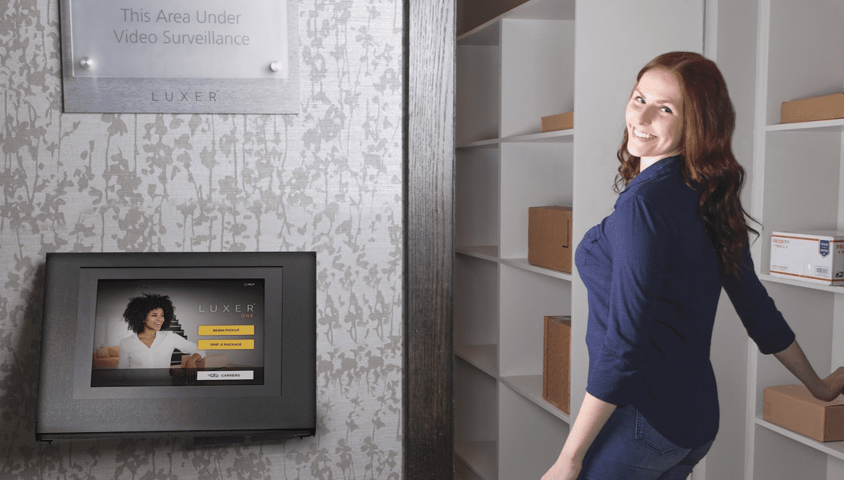 Luxer One smart monitored package room with shelving and access control