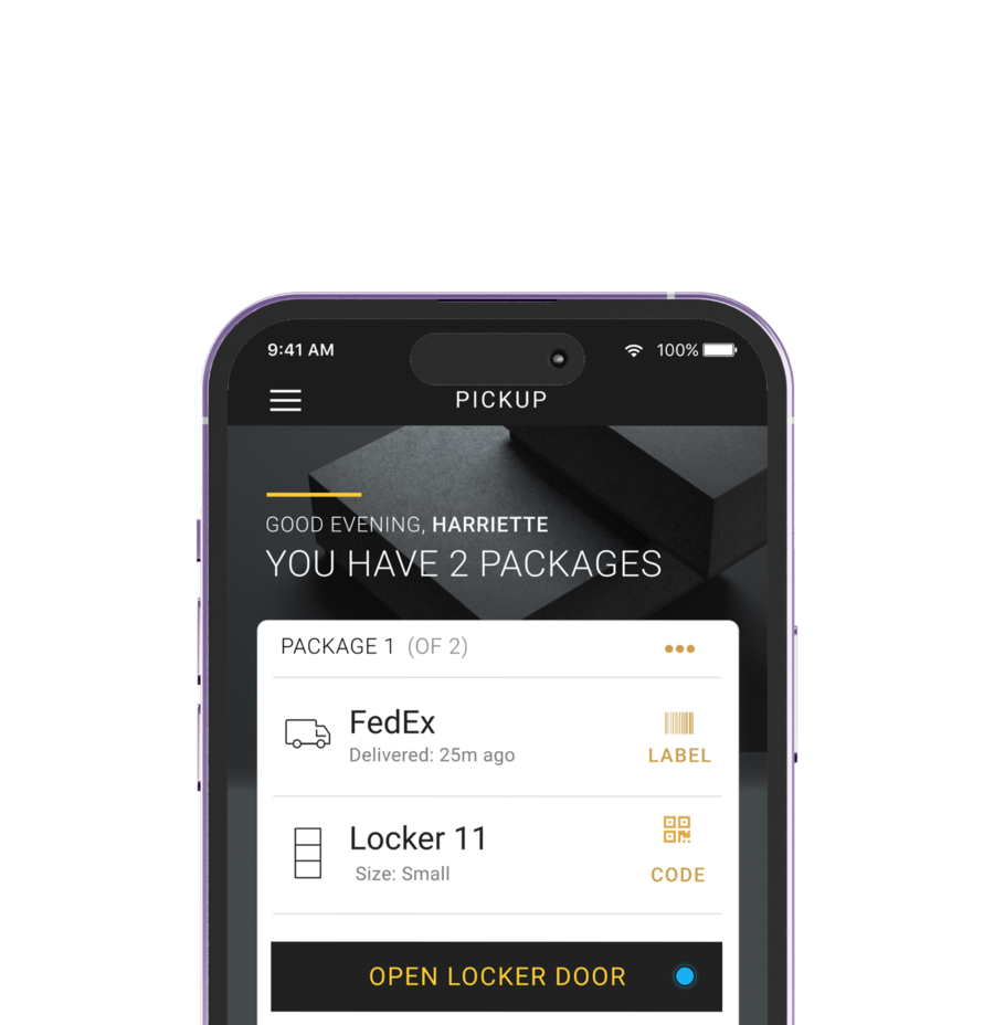 Luxer One resident mobile app showing a package pickup notification