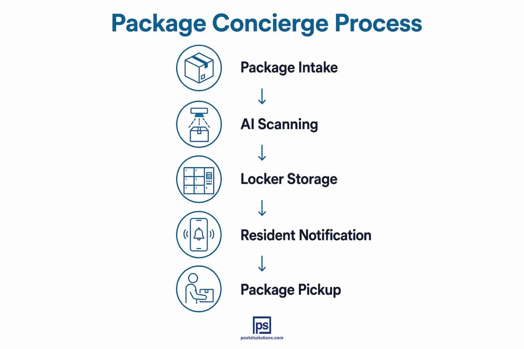 Infographic illustrating package concierge workflow steps