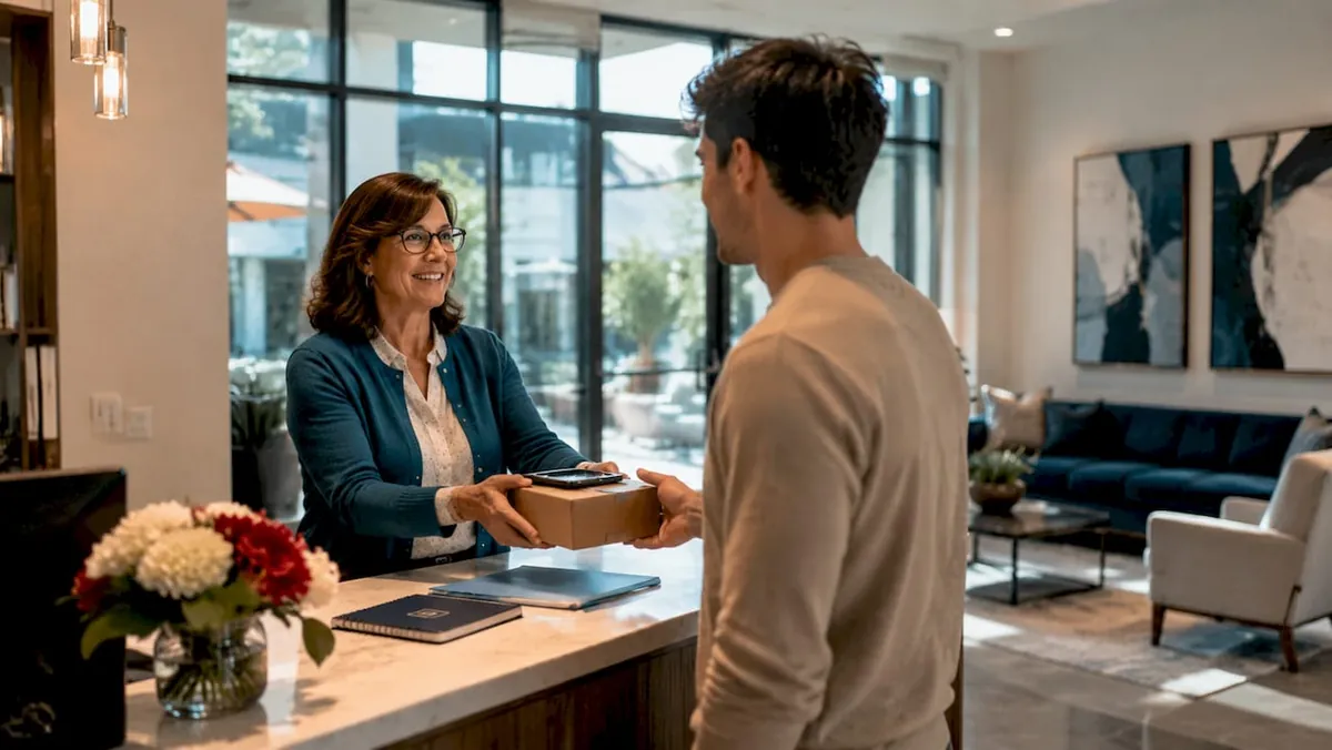 Property staff handing package to resident at lobby desk