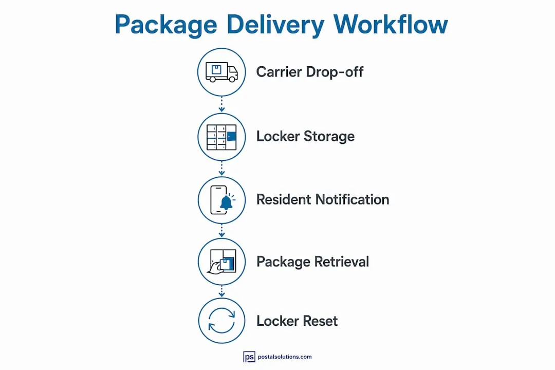 Infographic showing package delivery and retrieval workflow steps