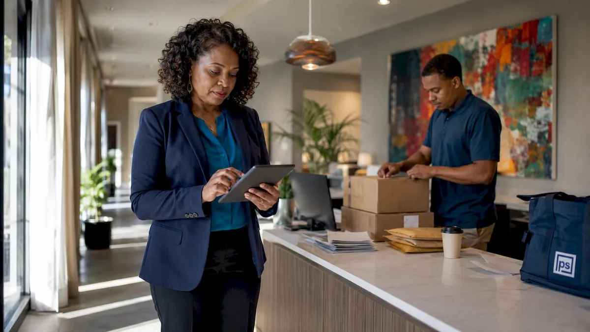 Apartment manager using tablet near parcel lockers