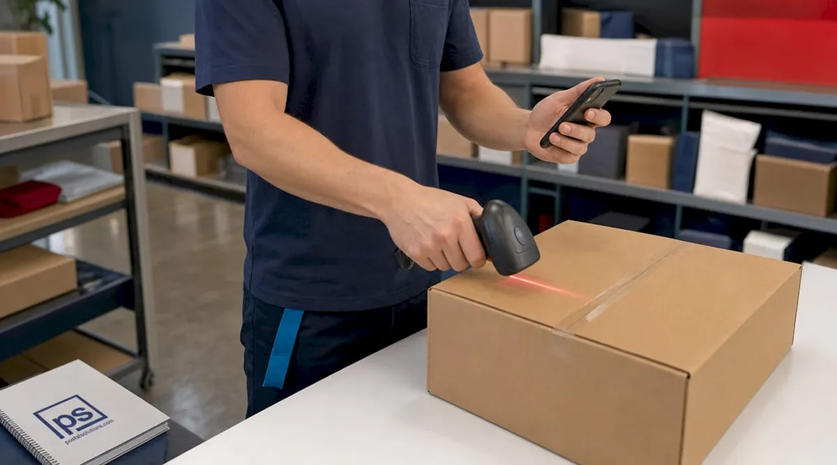 Hands scanning package barcode in mailroom
