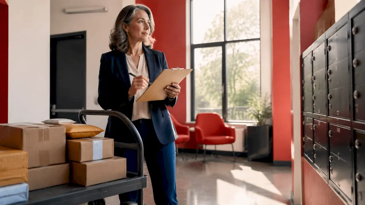 Apartment manager reviewing package policy checklist
