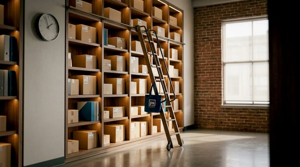Ceiling-high shelving with rolling ladder in package room