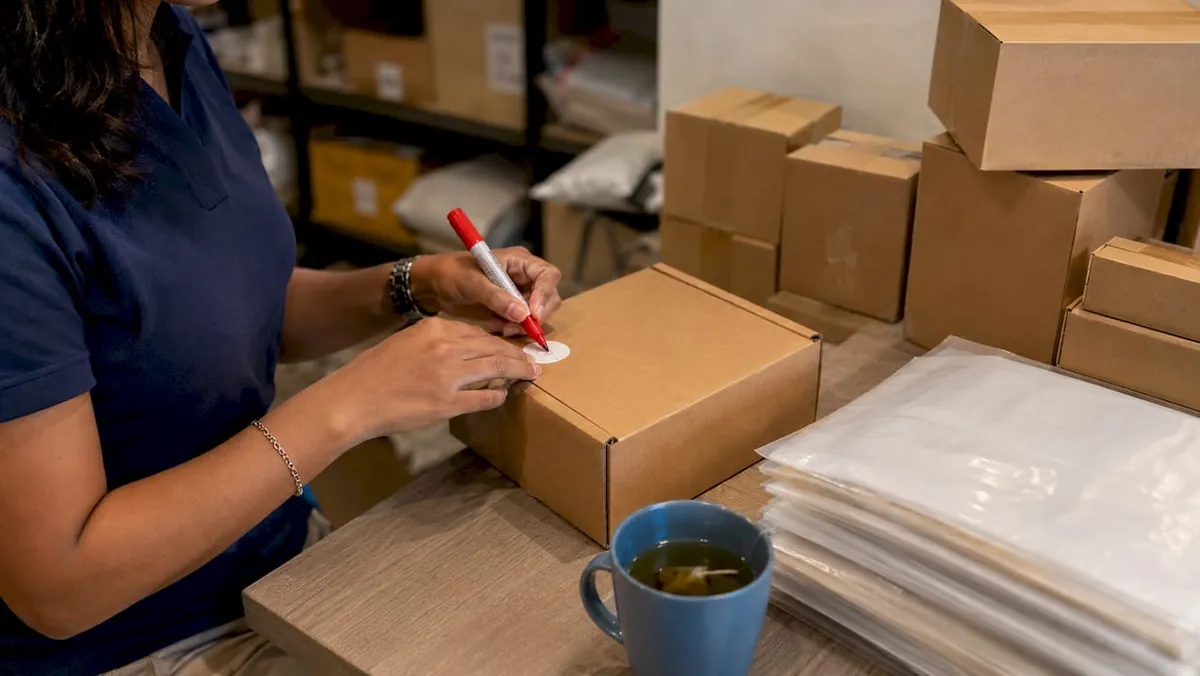Hands labeling packages for compliance