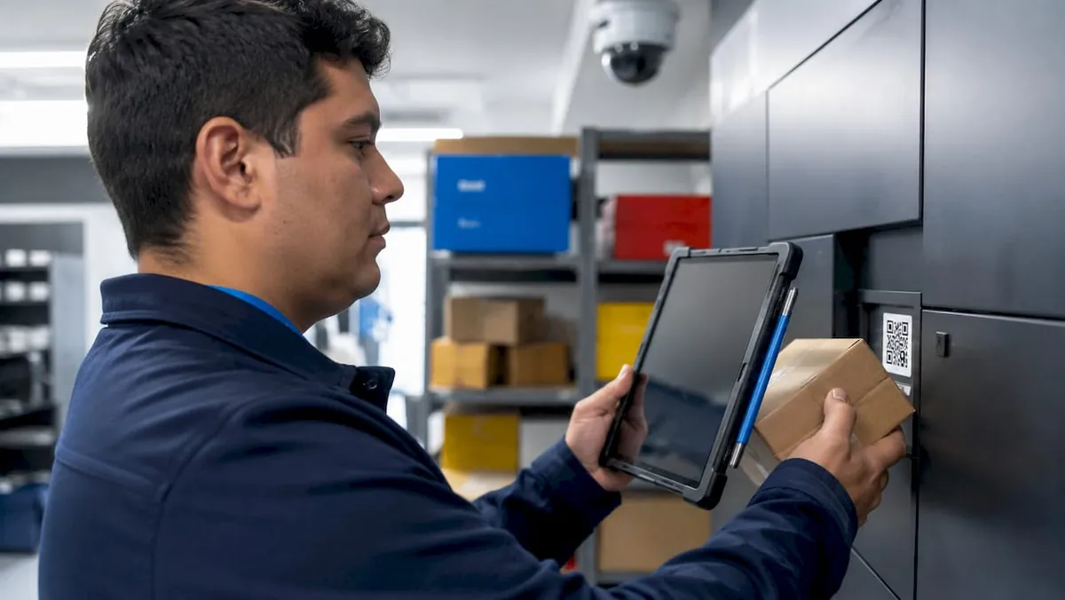 Staff member scanning parcel locker with tablet