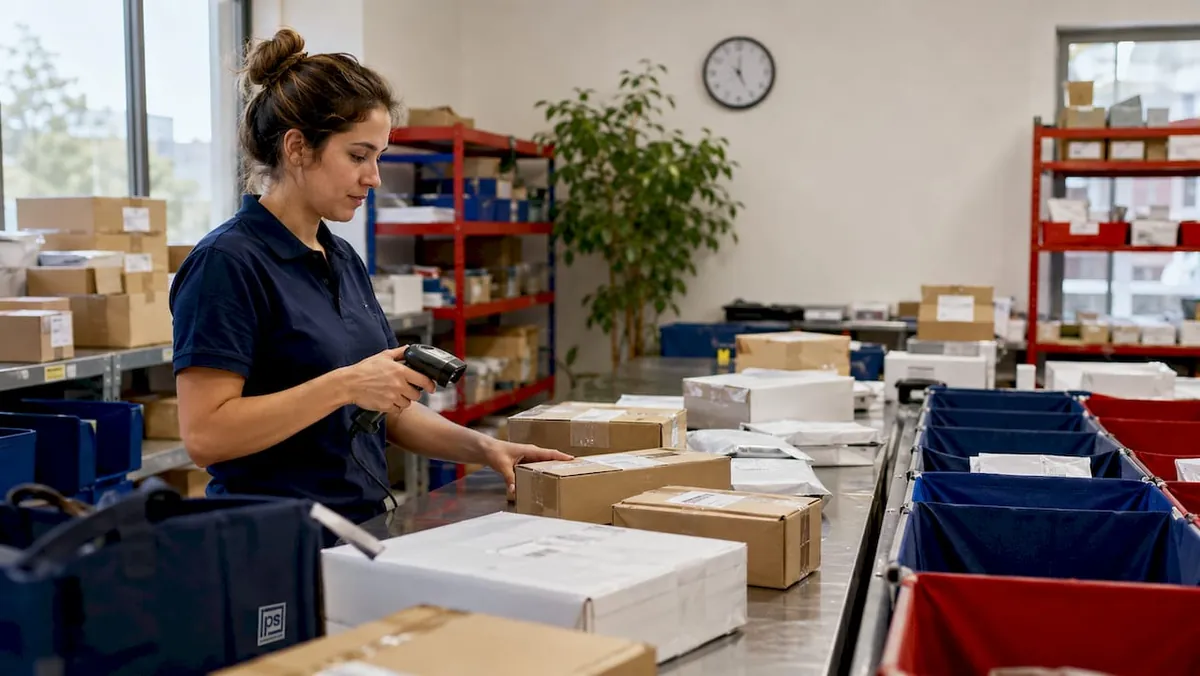 Hands sorting packages in secured room