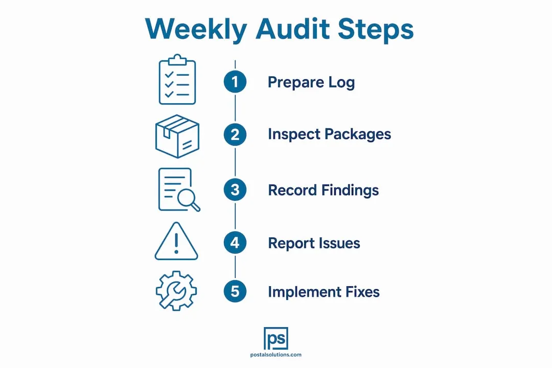 Infographic outlining steps of weekly package room audit