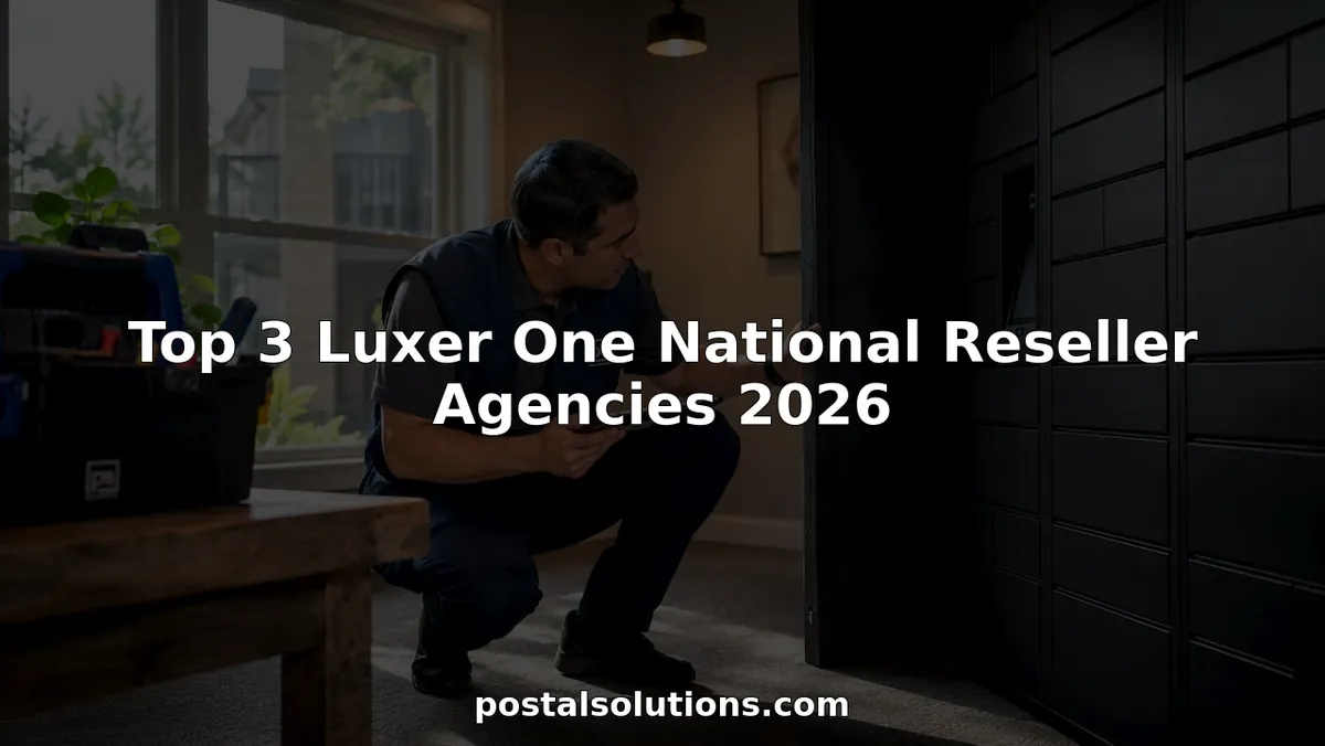 Technician inspecting Luxer One package lockers in mailroom