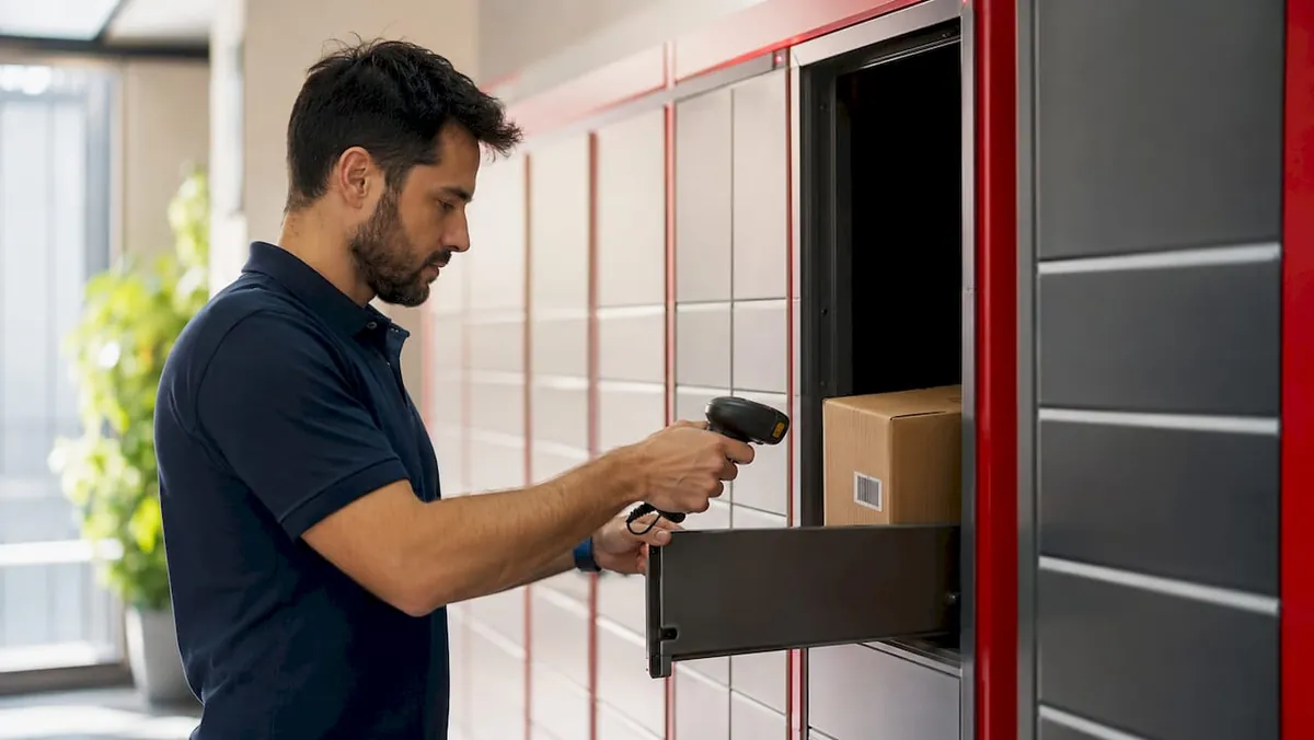 Technician scanning package in electronic locker system