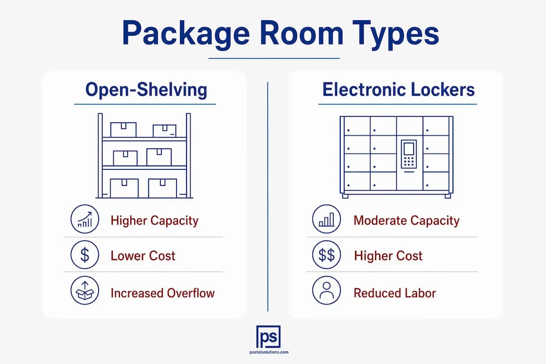 Infographic comparing open-shelving and electronic locker mailrooms