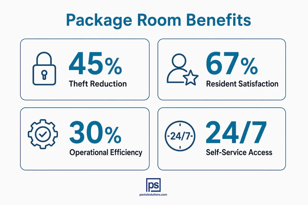 Infographic showing benefits of controlled access package rooms with statistics