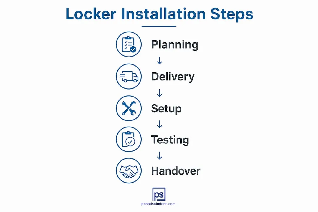 Infographic illustrating steps of locker installation process