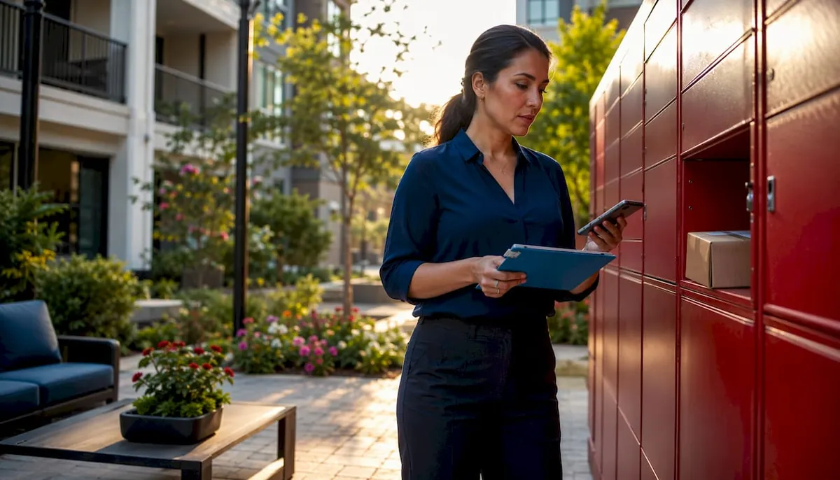 Property manager checking packages in storage