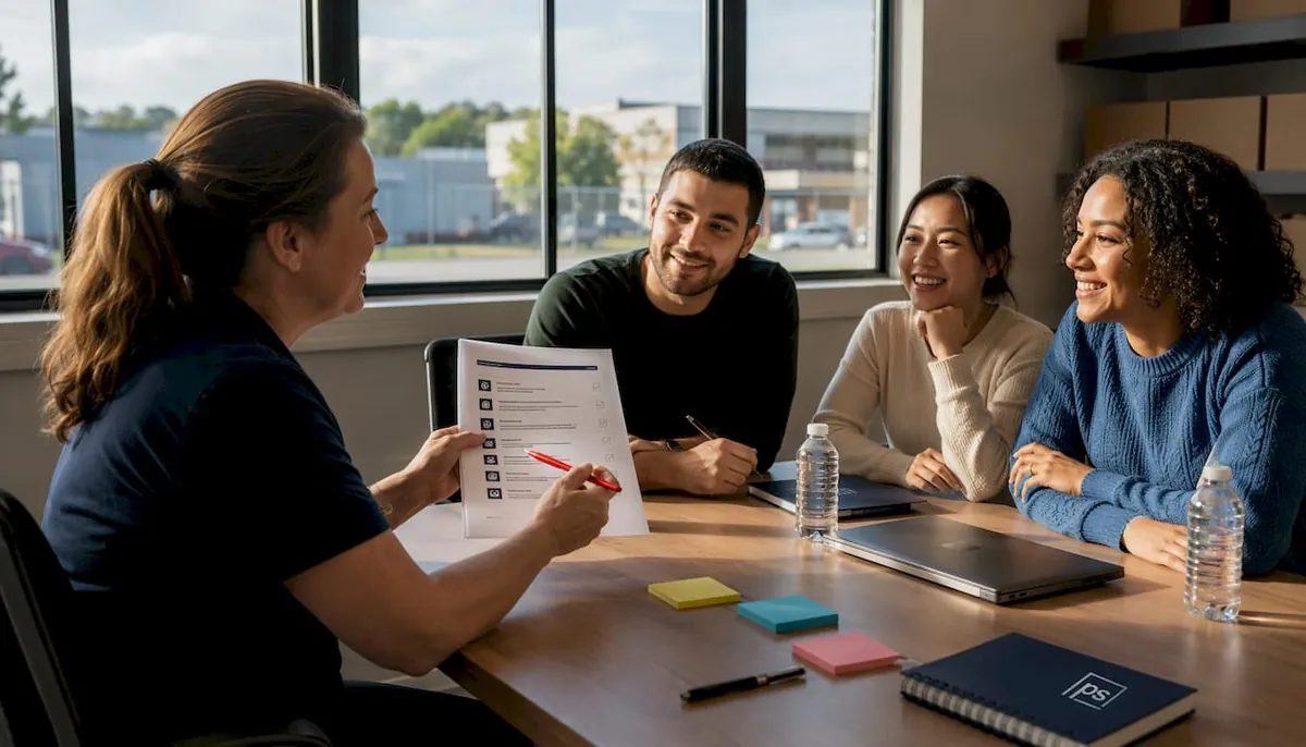Trainer guiding new staff on package room SOP