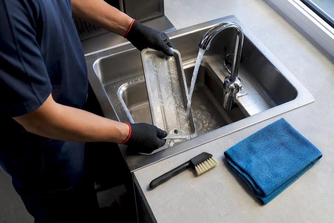 Worker rinsing refrigerated locker drainage tray