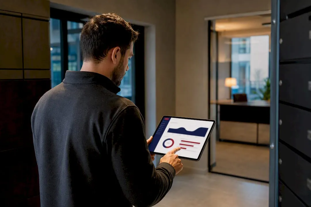 Property manager reviewing package room reports