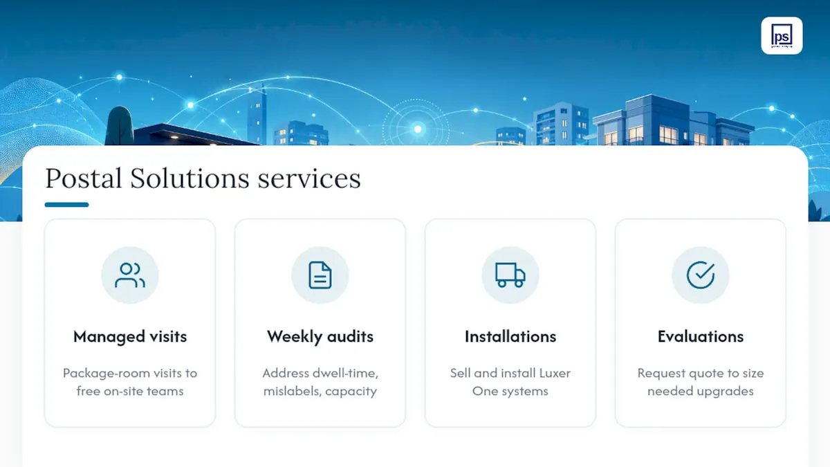 Let Postal Solutions Handle the Package Room While You Read the Reports, overview diagram