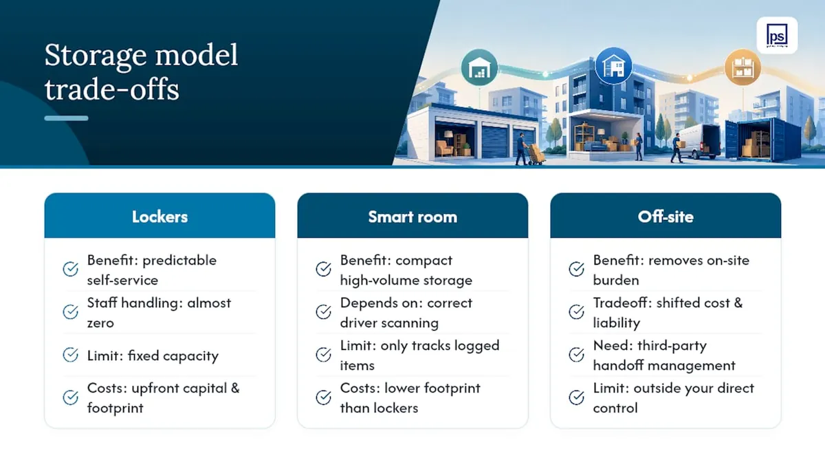 Lockers, Smart Rooms, or Off-Site: Which Storage Model Fits Your Property?, overview diagram